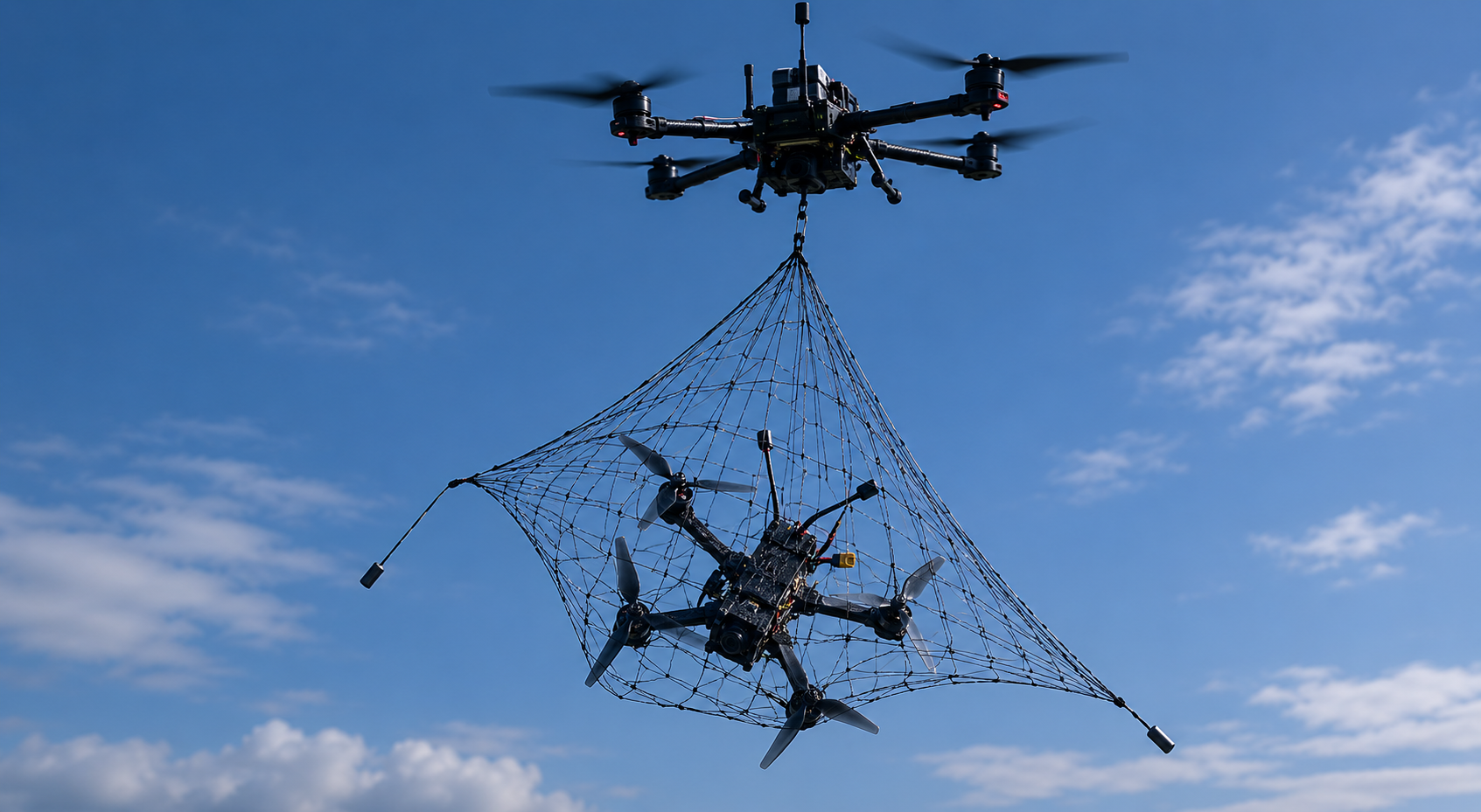 SkyShield anti-drone net capture system intercepting an unauthorised drone — safe C-UAS neutralisation without ground damage