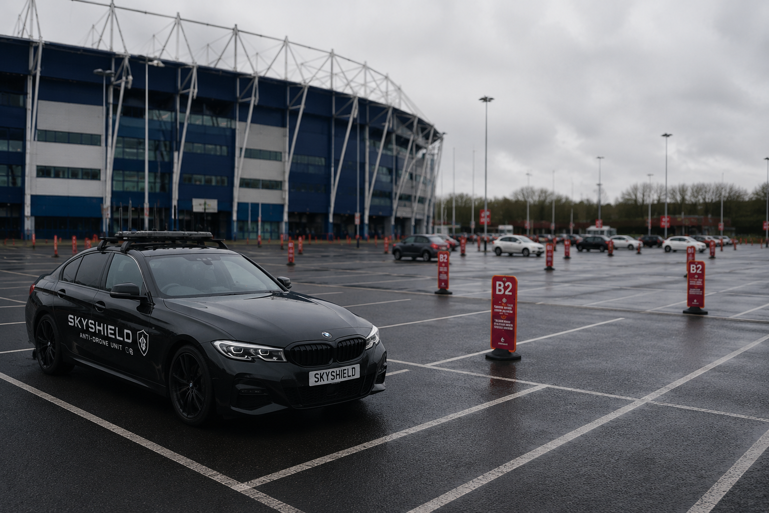 SkyShield anti-drone rapid response vehicle stationed outside a UK football stadium for business and event drone protection